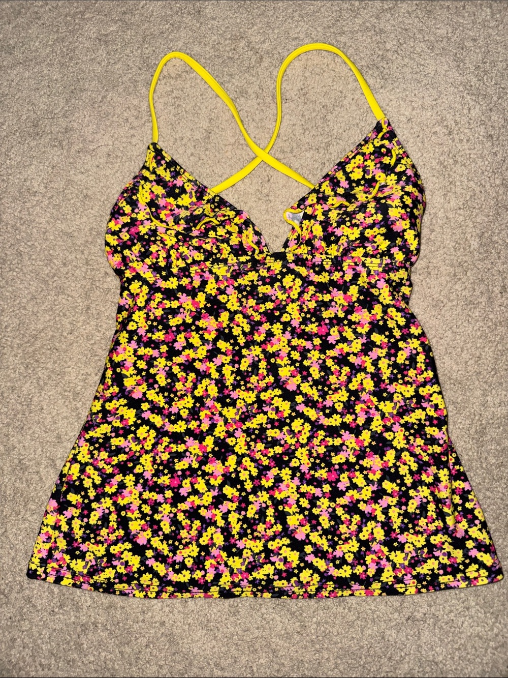 Floral Yellow & Pink Cami Swimsuit Top with Crisscross Straps